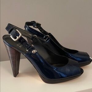 Stuart Weitzman Patent Navy Slingback Heels